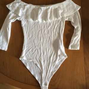 White Flounce Shoulder Bodysuit with 3/4 Sleeve